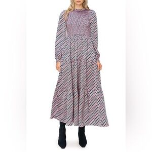 MELLODAY Pink & Green Geometric Smocked Midi Dress